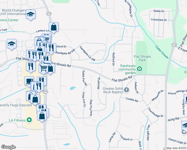 map of restaurants, bars, coffee shops, grocery stores, and more near 6220 Polar Fox Court in Riverdale