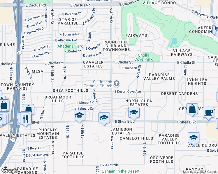 map of restaurants, bars, coffee shops, grocery stores, and more near 3950 East Desert Cove Avenue in Phoenix