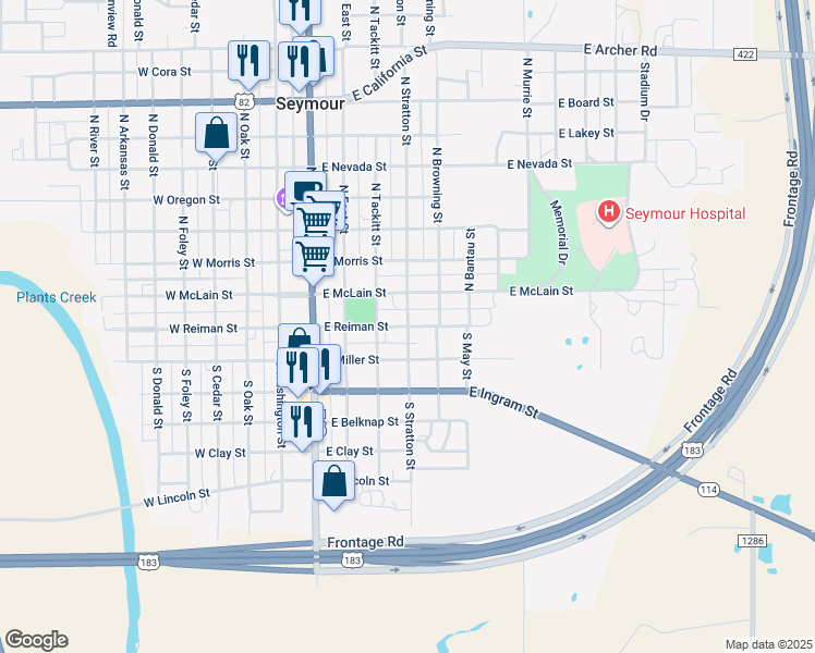 map of restaurants, bars, coffee shops, grocery stores, and more near 200 South Stratton Street in Seymour