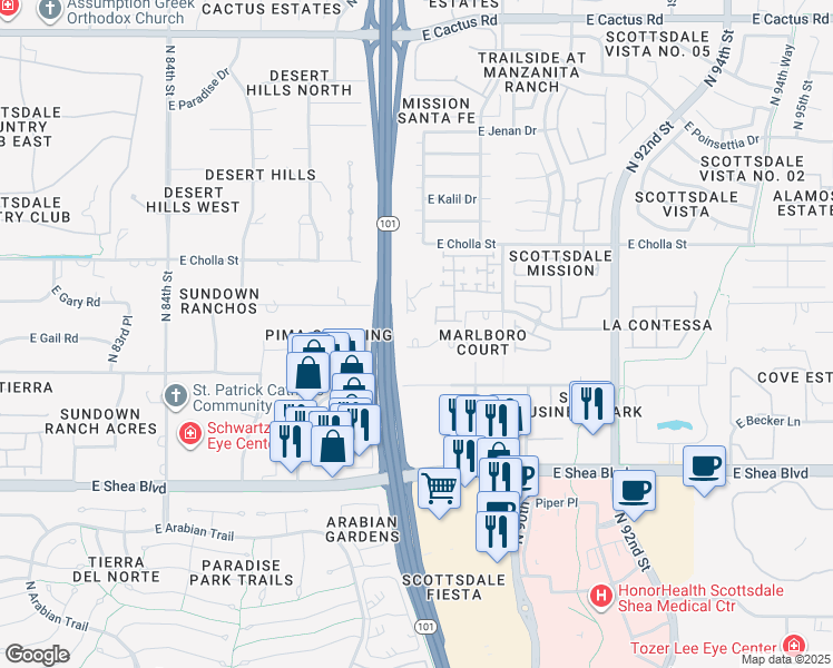 map of restaurants, bars, coffee shops, grocery stores, and more near 8803 East Mescal Street in Scottsdale