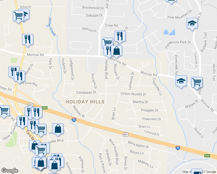 map of restaurants, bars, coffee shops, grocery stores, and more near 6136 Holiday Boulevard in Forest Park