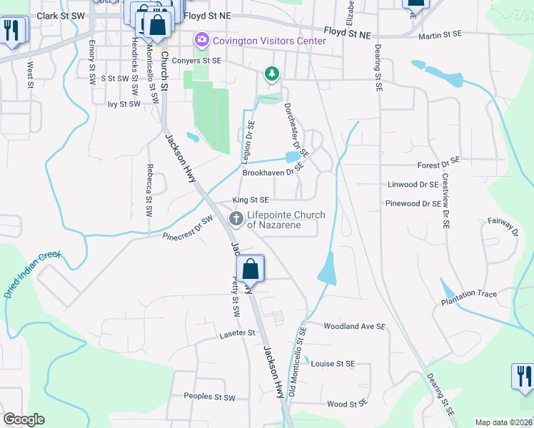 map of restaurants, bars, coffee shops, grocery stores, and more near 5147 David Circle Southeast in Covington