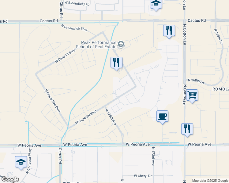 map of restaurants, bars, coffee shops, grocery stores, and more near Beardsley Canal in Surprise