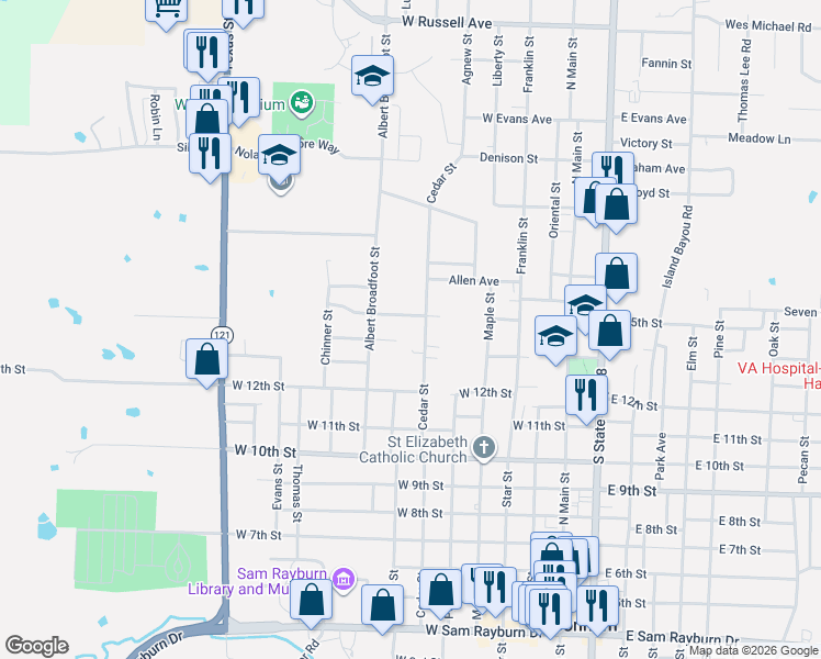 map of restaurants, bars, coffee shops, grocery stores, and more near 1306 Cedar Street in Bonham