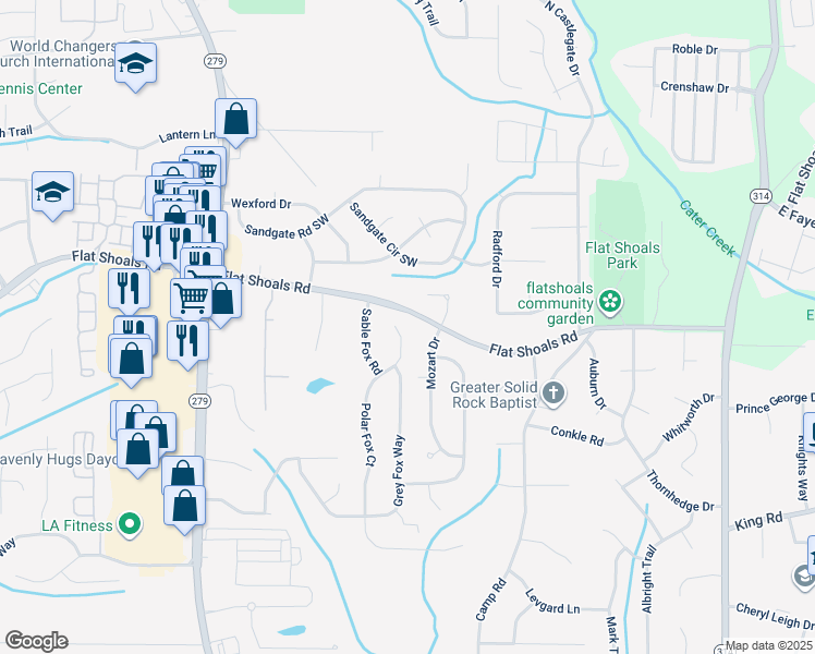map of restaurants, bars, coffee shops, grocery stores, and more near 6220 Polar Fox Court in Riverdale