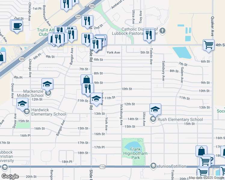 map of restaurants, bars, coffee shops, grocery stores, and more near 4912 10th Street in Lubbock
