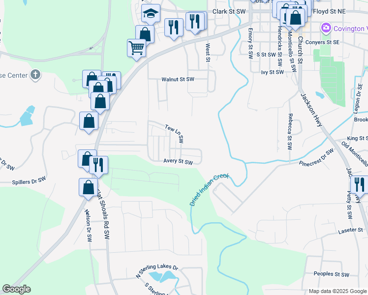 map of restaurants, bars, coffee shops, grocery stores, and more near 5205 Tew Lane Southwest in Covington
