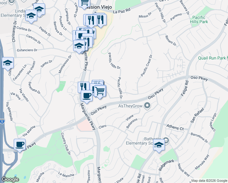 map of restaurants, bars, coffee shops, grocery stores, and more near 27107 Pacific Terrace Drive in Mission Viejo