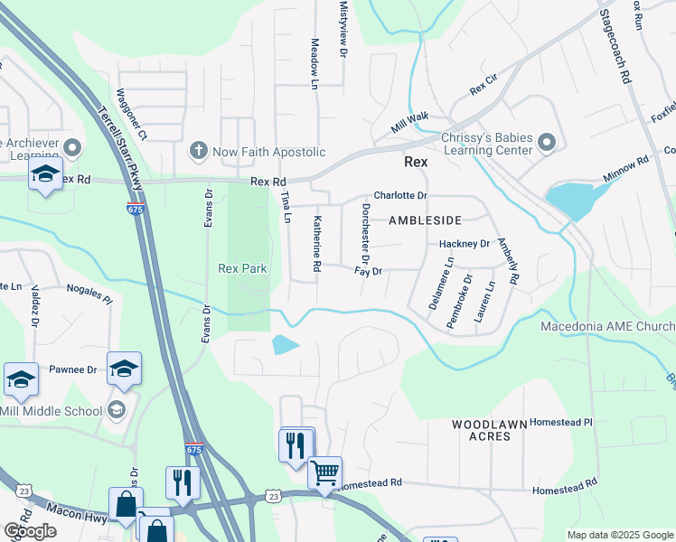 map of restaurants, bars, coffee shops, grocery stores, and more near 3613 Fay Drive in Rex