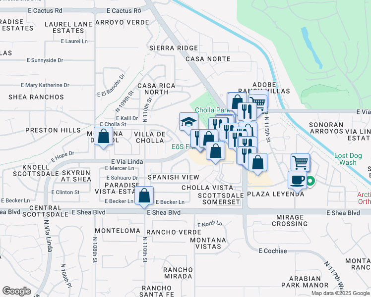 map of restaurants, bars, coffee shops, grocery stores, and more near 12458 East Cholla Street in Scottsdale