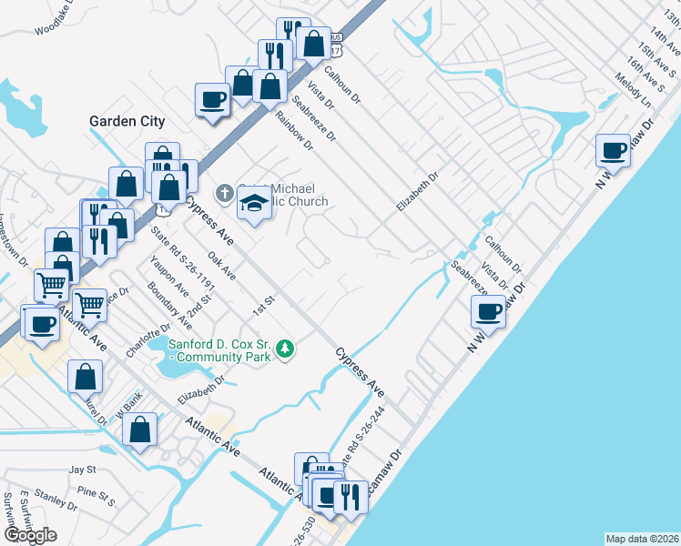 map of restaurants, bars, coffee shops, grocery stores, and more near 703 Triple Oak Lane in Murrells Inlet