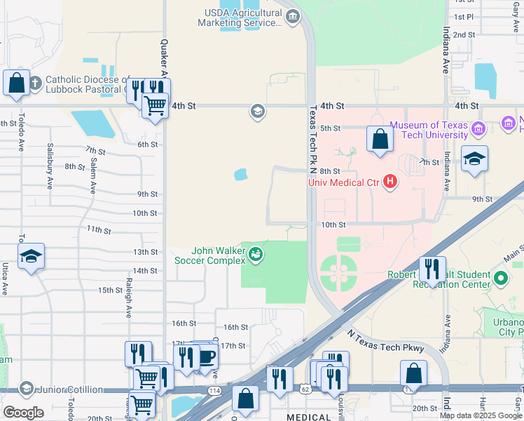map of restaurants, bars, coffee shops, grocery stores, and more near in Lubbock