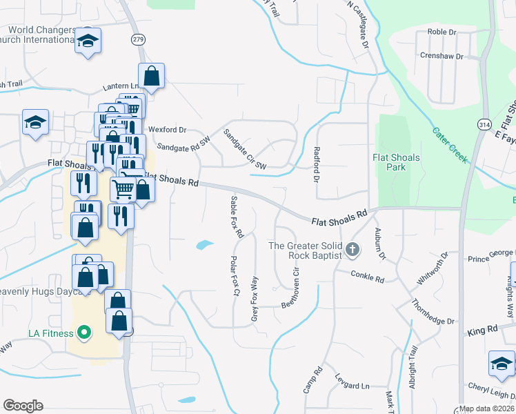 map of restaurants, bars, coffee shops, grocery stores, and more near 6229 Polar Fox Court in Riverdale