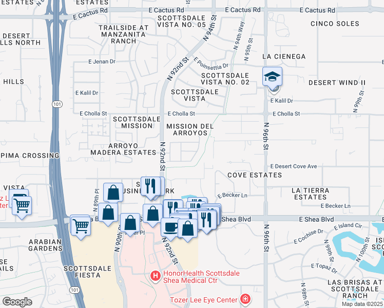map of restaurants, bars, coffee shops, grocery stores, and more near 11011 North 92nd Street in Scottsdale