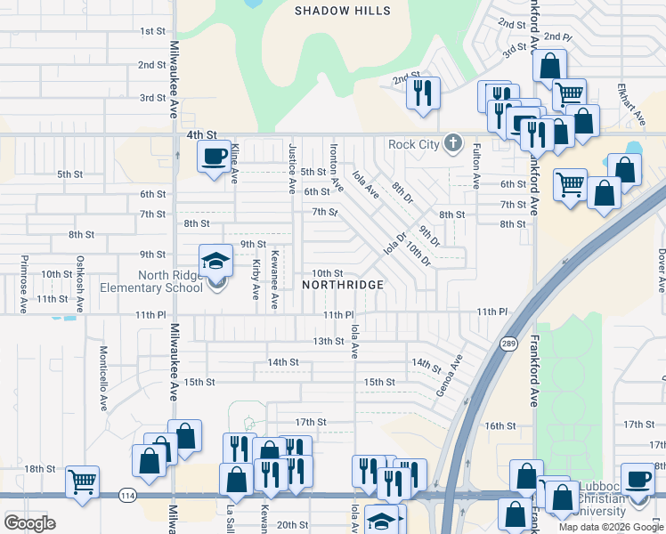 map of restaurants, bars, coffee shops, grocery stores, and more near 1003 Ironton Avenue in Lubbock