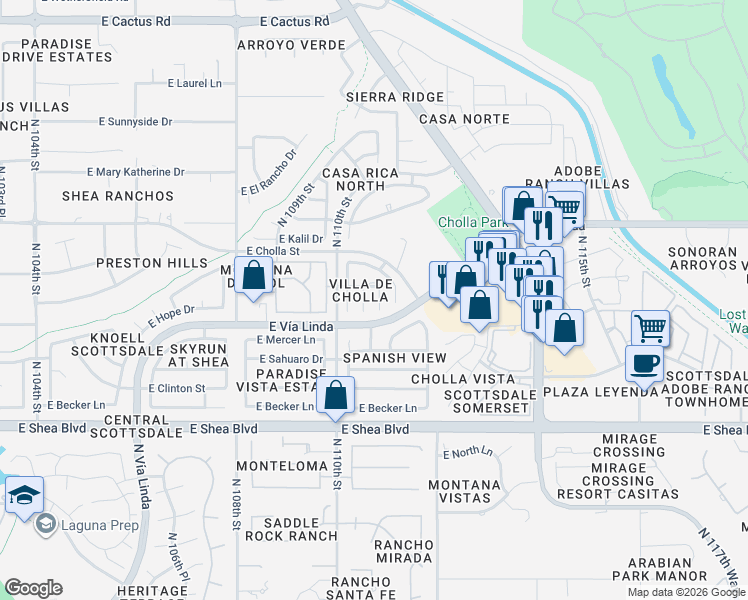 map of restaurants, bars, coffee shops, grocery stores, and more near 11015 North 111th Place in Scottsdale