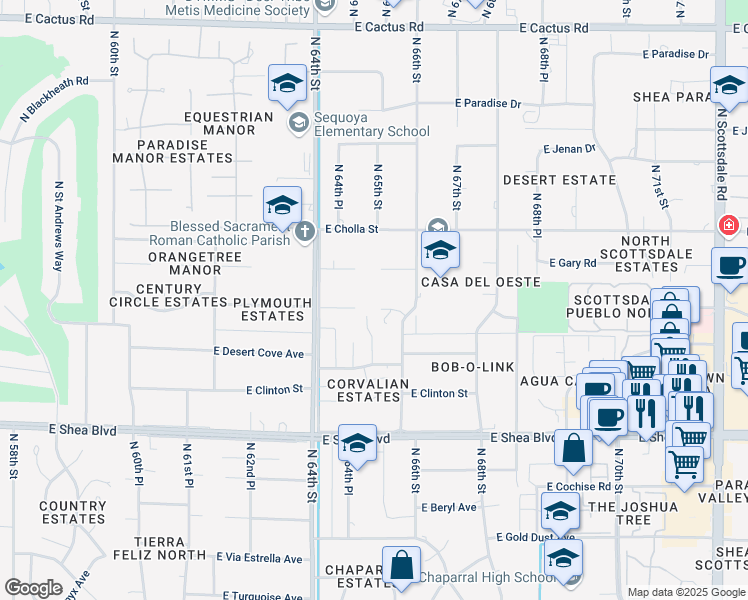 map of restaurants, bars, coffee shops, grocery stores, and more near 5209 North 25th Place in Scottsdale