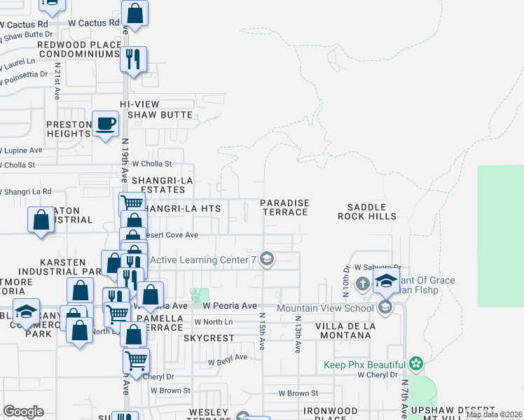 map of restaurants, bars, coffee shops, grocery stores, and more near 1526 West Desert Cove Avenue in Phoenix