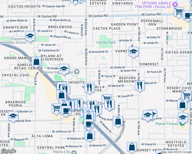 map of restaurants, bars, coffee shops, grocery stores, and more near 8212 West Shangri-la Road in Peoria