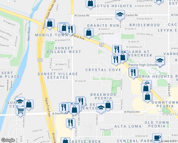 map of restaurants, bars, coffee shops, grocery stores, and more near 11411 North 91st Avenue in Peoria