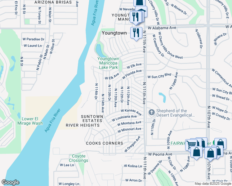 map of restaurants, bars, coffee shops, grocery stores, and more near 11384 North 112th Drive in Youngtown