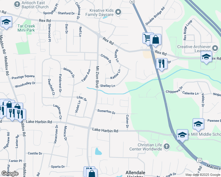 map of restaurants, bars, coffee shops, grocery stores, and more near 2757 Shelley Lane in Ellenwood