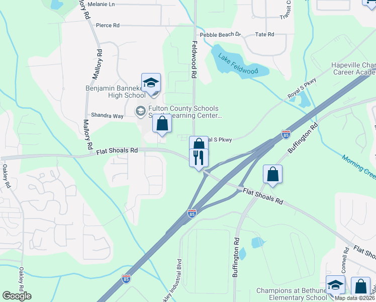map of restaurants, bars, coffee shops, grocery stores, and more near 3875 Flat Shoals Road in Union City