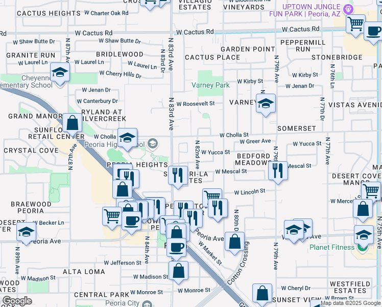 map of restaurants, bars, coffee shops, grocery stores, and more near 8212 West Shangri-la Road in Peoria