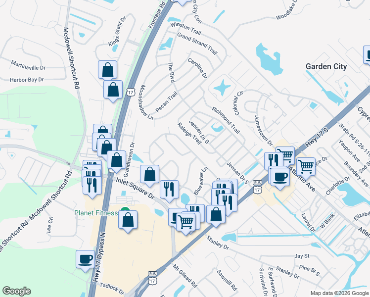 map of restaurants, bars, coffee shops, grocery stores, and more near 20 Spinnaker Lane in Murrells Inlet