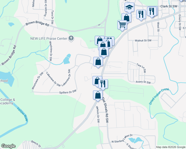 map of restaurants, bars, coffee shops, grocery stores, and more near 7184 Washington Street Southwest in Covington
