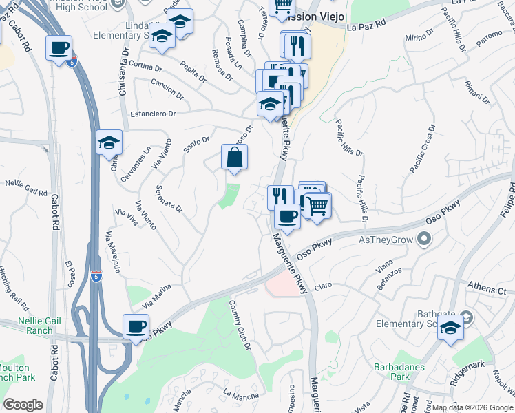 map of restaurants, bars, coffee shops, grocery stores, and more near 25911 Blascos in Mission Viejo