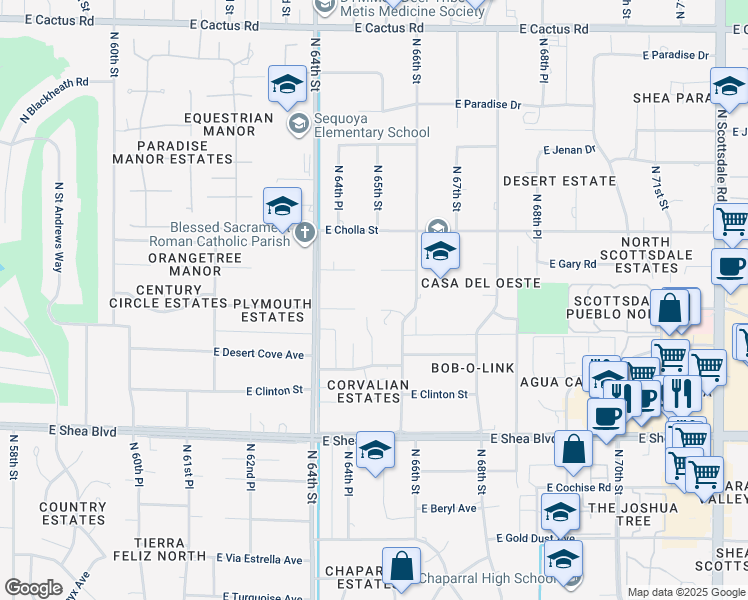 map of restaurants, bars, coffee shops, grocery stores, and more near 5209 North 25th Place in Scottsdale