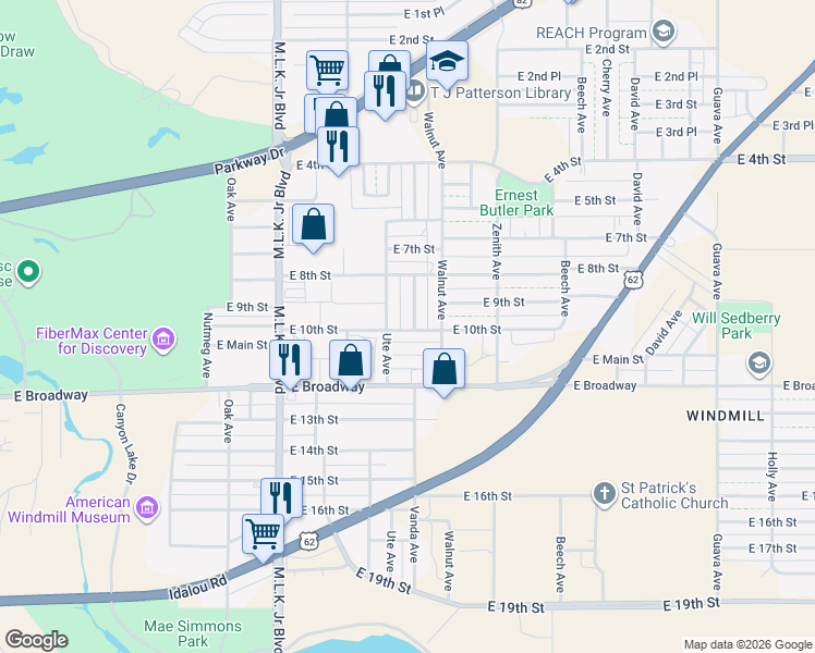 map of restaurants, bars, coffee shops, grocery stores, and more near 1001-1099 Ute Avenue in Lubbock