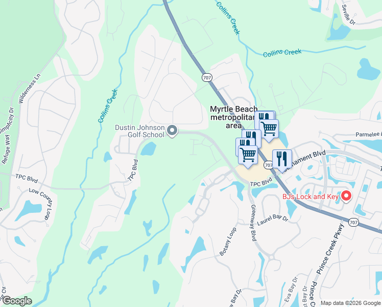 map of restaurants, bars, coffee shops, grocery stores, and more near 11 Stone Crest Lane in Murrells Inlet