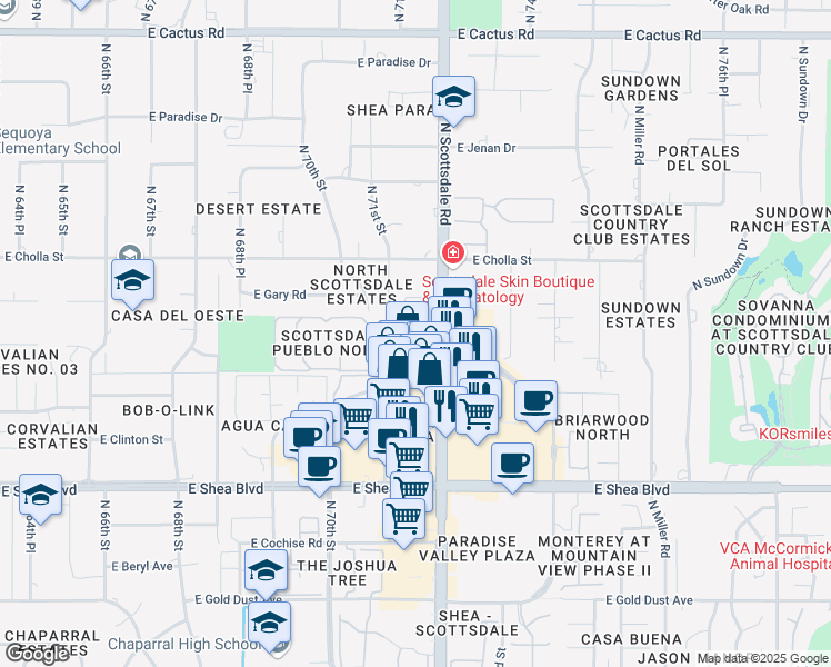 map of restaurants, bars, coffee shops, grocery stores, and more near 7091-7125 East Mescal Street in Scottsdale