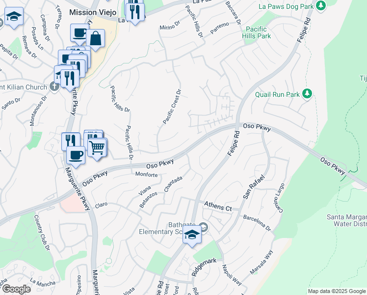 map of restaurants, bars, coffee shops, grocery stores, and more near 27500 Glenwood Drive in Mission Viejo
