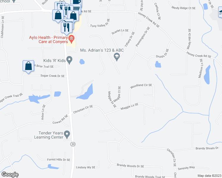 map of restaurants, bars, coffee shops, grocery stores, and more near 3844 Maggie Drive Southeast in Conyers