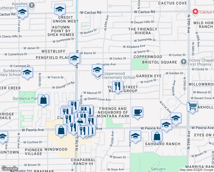 map of restaurants, bars, coffee shops, grocery stores, and more near 11031 North 65th Avenue in Glendale