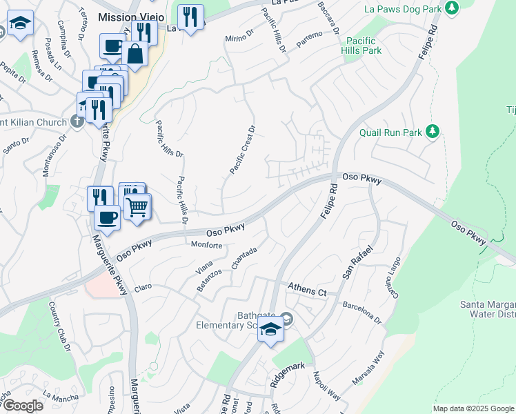 map of restaurants, bars, coffee shops, grocery stores, and more near 27500 Glenwood Drive in Mission Viejo