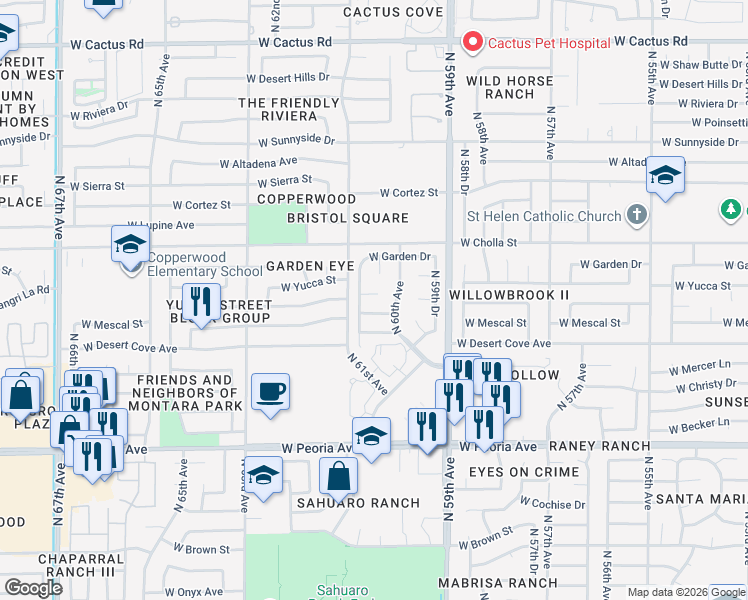 map of restaurants, bars, coffee shops, grocery stores, and more near 6035 West Mescal Street in Glendale