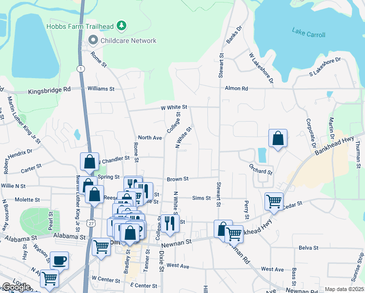 map of restaurants, bars, coffee shops, grocery stores, and more near 541 North White Street in Carrollton