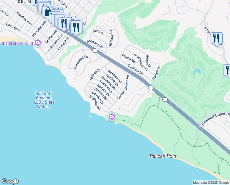 map of restaurants, bars, coffee shops, grocery stores, and more near 4633 Orrington Road in Newport Beach
