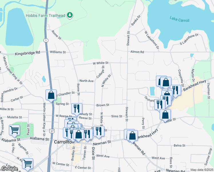 map of restaurants, bars, coffee shops, grocery stores, and more near 142 Cherry Street in Carrollton