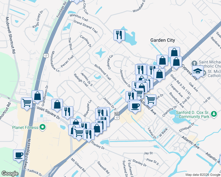 map of restaurants, bars, coffee shops, grocery stores, and more near 2927 Duke Trail in Murrells Inlet