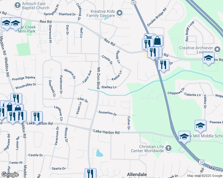 map of restaurants, bars, coffee shops, grocery stores, and more near 2757 Shelley Lane in Ellenwood