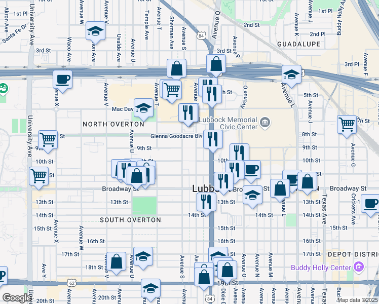 map of restaurants, bars, coffee shops, grocery stores, and more near 1001 Avenue S in Lubbock