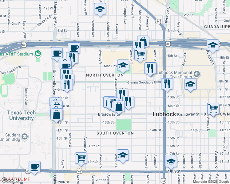 map of restaurants, bars, coffee shops, grocery stores, and more near 2102 10th Street in Lubbock