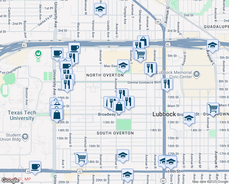 map of restaurants, bars, coffee shops, grocery stores, and more near 2102 10th Street in Lubbock