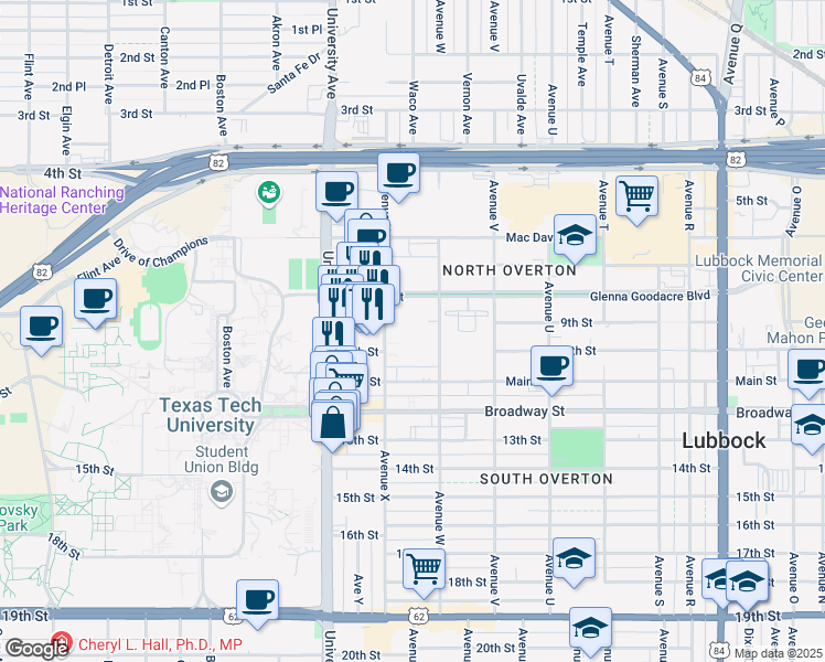 map of restaurants, bars, coffee shops, grocery stores, and more near in Lubbock