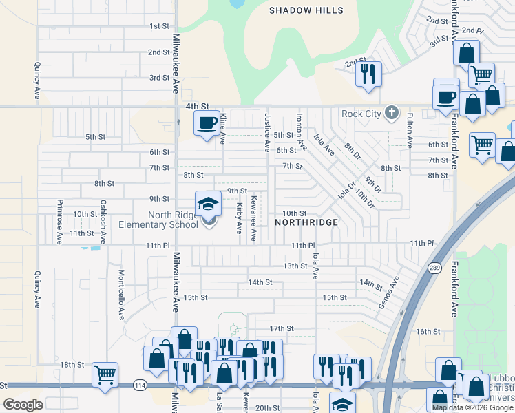 map of restaurants, bars, coffee shops, grocery stores, and more near 915 Kewanee Avenue in Lubbock